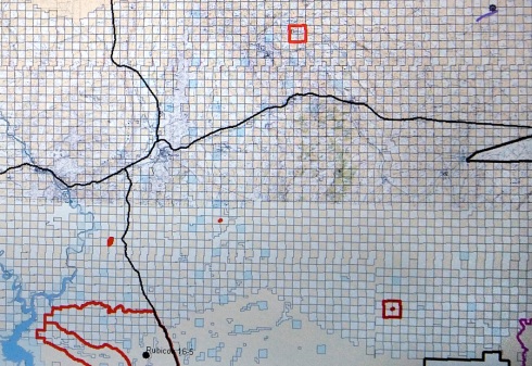 This is a screenshot of the checkerboard of private and public land stretching across one portion of the Red Desert. The red outline on the lower left dilineate an Area of Critical Environmental Concern that includes Little Mountain.